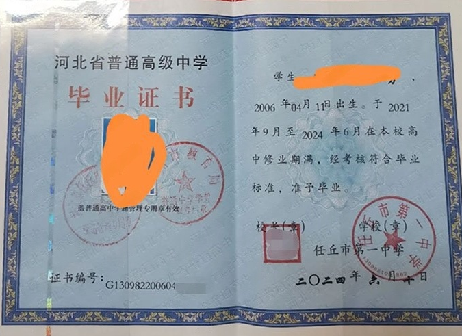 北京任丘市第一中学高中毕业证样本图片